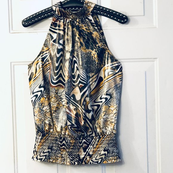 Cache  Sz S Blouse Sleeveless Halter Tie-Back Neck Elastic Bottom - Picture 5 of 10